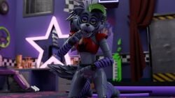 1girls 3d 3d_(artwork) animatronic anthro bottomless finger_in_mouth fingering_self five_nights_at_freddy's five_nights_at_freddy's:_security_breach furry grey_body long_hair purple_lipstick red_tank_top roxanne_wolf_(fnaf) roxanne_wolf_(x3milky) solo solo_female tank_top th3shad0wtak3s white_hair wolf wolf_ears wolf_girl wolf_humanoid wolf_tail yellow_eyes