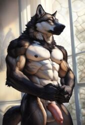 1boy 2024 abs ai_generated animal_genitalia anthro avaru black_fur black_nose brown_fur canid canine canis fur gay genitals grey_body grey_fur humanoid male male_focus male_only mammal muscular muscular_male navel nipples nude penis seductive solo tagme white_body white_fur wolf