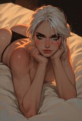 ai_generated ass breasts ciri female freckles green_eyes heroineshowcase light-skinned_female looking_at_viewer mascara nude scar solo the_witcher_(series) the_witcher_3:_wild_hunt thong white_hair