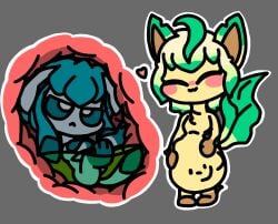 2girls angry angry_face anthro blue_body blue_eyes blue_hair blush ear eeveelution feral_only glaceon hand_on_stomach hands_on_stomach happy heart heart_symbol inside_stomach inside_view leaf leafeon multicolored_body multicolored_hair pokemon pokemon_(species) pokevorer prey realistic_breast_size small_breasts tail unwilling_prey unwilling_vore vore vore_belly xray_view yellow_body