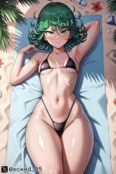 ai ai_generated beach bikini curvy curvy_figure female green_eyes green_hair one-punch_man shiny_skin small_breasts stable_diffusion tatsumaki thick_thighs wide_hips xceed