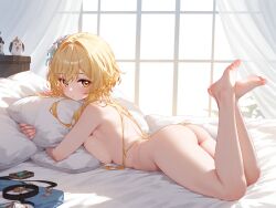 absurd_res ai_generated ass blush breasts breasts_press genshin_impact looking_at_viewer lumine_(genshin_impact) lying medium_breasts ministro nude on_stomach pillow pillow_hug solo thighs