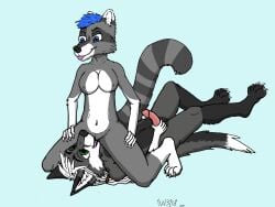 anthro blue_eyes blue_hair canid canine claws crouching cunnilingus facesitting female fox fur genitals green_eyes grey_body grey_fur greymuzzle hair hi_res humanoid_genitalia humanoid_penis lying male male/female mammal masturbation moxie_(raccoon) nude on_front oral penis pink_penis procyonid pussy raccoon red_fox sex silver_fox sitting_on_another tongue true_fox vaginal_penetration w31rd white_body white_claws white_fur zork_(fox)