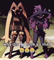 big_breasts breasts cleavage female huge_breasts lopunny meme mismagius notyoursagittarius pokemon pokemon_(species) tagme thick_thighs why_dis_ninja_look_so_mad_(meme) wide_hips