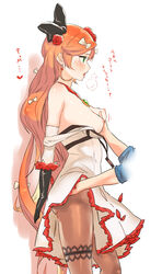 1boy ass_grab bare_shoulders black_gloves black_ribbon blush breasts breath clarisse_(granblue_fantasy) clothes_down dress earrings elbow_gloves female flower gloves gran_(granblue_fantasy) granblue_fantasy green_eyes groping hair_flower hair_ornament hair_ribbon highres jewelry komano_c_rotha long_hair nipples pantyhose ribbon simple_background translation_request white_background white_dress white_ribbon