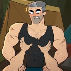 ai_generated bara blush camping disventure_camp gay grabbing jensen_(disventure_camp) mature_male muscles muscular muscular_male pecs pecs_grab pecs_touching pov pov_male suprised_expression surprised