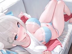 absurdres barefoot blue_bra blue_eyes blue_panties blush bra breasts cameltoe cleavage clothes_lift couch embarrassed female grey_hair hair_ornament hair_ribbon highres indoors kiek_qaq knees_together_feet_apart large_breasts long_hair looking_at_viewer lying navel open_mouth original panties panty_pull red_shorts ribbon shirt shirt_lift shorts shorts_around_ankles sidelocks simple_background solo string_panties thighs underwear undressing very_long_hair wavy_mouth white_shirt