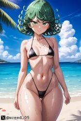 ai ai_generated beach bikini curvy curvy_figure female green_eyes green_hair one-punch_man shiny_skin small_breasts stable_diffusion tatsumaki thick_thighs wide_hips xceed