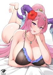 1girls alternate_costume ass bikini black_bikini black_swimsuit breasts cleavage curled_horns female female female_only fire_emblem fire_emblem_heroes goat_horns hair_ornament highres horns huge_breasts kaos_art large_ass large_horns long_hair lying multicolored_hair nerthuz_(fire_emblem) nerthuz_(summer)_(fire_emblem) nintendo official_alternate_costume on_stomach pink_hair ponytail purple_eyes purple_horns solo swimsuit the_pose two-tone_hair very_long_hair