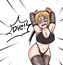 1girls armpits arms_behind_head arms_up black_eyes blonde_hair blush brown_underwear elbow_gloves female fishnet_armwear fishnet_legwear fishnet_stockings fishnets gloves hair_bun holding_object illijillijilli legwear nipple_bulge roxanne_richter scott_pilgrim short_hair solo solo_female sports_bra stockings sword thighhighs underwear weapon