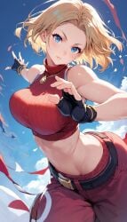 1girls ai_generated ai_hands belt big_ass big_breasts big_butt blonde_hair blue_eyes blue_mary clouds female gloves king_of_fighters light_skin necklace pants pointy_chin red_pants short_hair star tank_top