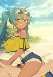 1boy ai_generated animated animated_gif aqua_eyes aqua_hair bar_censor brazil brazilian brazilian_female brazilian_flag brazilian_miku brittle censored covered_nipples crop_top crop_top_overhang earrings female grin grinding grinding_on_penis grinding_through_clothes hatsune_miku hoop_earrings hotpants kneehighs long_hair looking_at_viewer messy_hair outdoors penis short_sleeves smug sneakers stable_diffusion summer sunglasses sunglasses_on_head tanline tanlines tanned testicles thigh_sex twintails underwear vocaloid