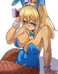 1girls alternate_costume big_breasts blonde_hair blue_bunnysuit blue_eyes blue_leotard breasts bunnysuit detached_collar detached_sleeves fake_animal_ears fishnet_legwear fishnets gun hand_on_head holding_gun holding_object leotard looking_at_viewer metroid moxydrawsmore nintendo on_floor pantyhose ponytail samus_aran scratching_head solo strapless strapless_leotard