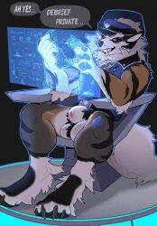 animal_genitalia anthro arcanine balls claws clothed clothing digitigrade fully_sheathed generation_1_pokemon genitals hi_res hologram looking_at_viewer male muscular nintendo partially_clothed pokemon pokemon_(species) sheath sitting solo twistedhound