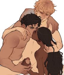 bisexual bisexual_male dark-skinned_female female handjob kissing male milkycoffee_jpg nude original_character penis precum threesome