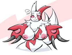 2020 anthro areola big_breasts breasts claws digital_drawing_(artwork) digital_media_(artwork) eyelashes female fur generation_3_pokemon looking_at_viewer mammal markings mdjoe nintendo nipples nude pokemon pokemon_(species) red_eyes red_markings signature simple_background smile solo thick_thighs white_body white_fur zangoose