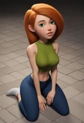 ai_generated big_breasts blue_jeans civitai crop_top croptop green_eyes green_tank_top green_topwear jeans kim_possible kimberly_ann_possible kneeling kneeling_on_ground large_breasts long_hair looking_at_viewer orange_hair tank_top tanktop