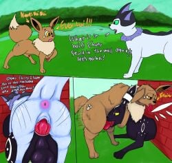 animal_genitalia animal_penis anus balls canine_genitalia canine_penis cumporeon digital_media_(artwork) doggy_style eevee eeveelution english_text fellatio feral feral_on_feral from_behind_position generation_1_pokemon generation_2_pokemon genital_slit genitals group male male/male nintendo oral oral_doggystyle penile penis pokemon pokemon_(species) sex sheath speed_lines tail_anus text through_wall trio umbreon vaporeon vulnec