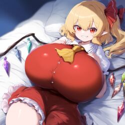 ai_generated ameanon big_breasts blonde_hair breasts flandre_scarlet huge_breasts large_breasts on_back on_bed pointy_ears red_eyes tight_clothing touhou