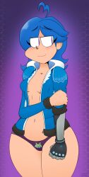 2d 2d_(artwork) alternate_expressions blue_hair cannonbaboon image_remake jacket_open panties_only remake robotic_arm shy_girl slightly_nude smg4 tari_(smg4) thick_thighs thighs