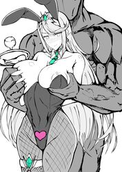 1boy 1girls annoyed black_and_white blush breast_grab bunny_ears bunny_girl bunnysuit dark-skinned_male fishnets gatyo_5 hair_ornament heart hikari_(xenoblade_2) hips huge_breasts larger_male leotard long_hair muscular muscular_male mythra navel nintendo nipple_slip nipples pantyhose sexual_harassment tiara waitress wide_hips xenoblade_(series) xenoblade_chronicles_2