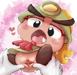 1girls anus armlet ascot ass blonde_hair blush blush_stickers bottomless clitoral_hood clitoris doneru exposed_ass exposed_pussy eyebrows eyebrows_visible_through_headwear eyelashes female female_focus gloves goomba goombella headlamp heart helmet mario_(series) nintendo no_panties oerba_yun_fang on_back open_mouth paper_mario paper_mario:_the_thousand-year_door pink_body pith_helmet ponytail pussy pussy_juice pussy_juice_string shoes simple_background solo_female solo_focus spread_pussy spreading sweat sweatdrop sweating sweaty sweaty_body tongue topwear topwear_only waddling_head wet wet_pussy