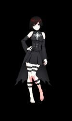 bare_shoulders barefoot belt belts buckles clothed corset detached_sleeves feet female female_only gray_eyes pale_skin red_hair ruby ruby_rose rwby short_hair skirt straps toes tomboy