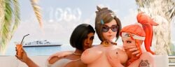 3d 3girls beach big_belly big_breasts black_body blender blender_cycles breasts brigitte brigitte_lindholm brown_hair cigarette cocktail cowbell egyptian korra_amari luxray mei_(overwatch) nipples_visible_through_clothing palm_tree pharah red_hair smoking_cigarette summer sunglasses swimsuit white_body yuri