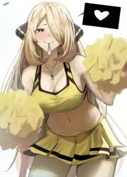 blonde_hair breasts cheerleader cleavage condom condom_in_mouth cynthia_(pokemon) eroborne female hair_over_one_eye heart heart-shaped_pupils highres hypnosis large_breasts midriff mind_control miniskirt mouth_hold pokemon pokemon_dppt pom_pom_(cheerleading) skirt solo spoken_heart symbol-shaped_pupils used_condom yellow_skirt