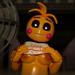 1girls 3d 3d_(artwork) animatronic anthro breasts breasts_out five_nights_at_freddy's five_nights_at_freddy's_2 heart-shaped_pupils kogrib medium_breasts nipples orange_nipples smile smiling smiling_at_viewer solo solo_female toy_chica_(fnaf) yellow_body yellow_skin