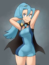 1girls big_breasts blue_hair clair_(pokemon) clothed clothed_female clothing female gym_leader legs_together long_hair nintendo pinup pokemon pokemon_gsc pokemon_hgss ponytail smile triplestabber wide_hips