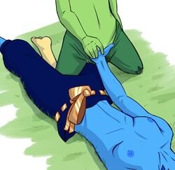 2girls alien alien_girl barnsinbin belly belt blue_body blue_breasts blue_hair blue_nipples blue_pants blue_skin breasts female female_only fingering gem_(species) grass green_body green_pants green_skin hand_in_pants hand_on_hand hand_on_thigh lapis_lazuli_(steven_universe) legs legs_apart multiple_girls on_back on_knees pants peridot_(steven_universe) pussy_juice small_breasts socks steven_universe straddling topless yellow_socks yuri