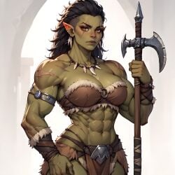 abs ai_generated black_hair eogard_orc female green_skin muscular_female orc orc_female scars solo solo_female tribal warrior weapon