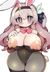 blush bunny_ears bunny_girl bunnysuit cameltoe chibi clenched_hands cute firefly_(honkai:_star_rail) gigantic_thighs honkai:_star_rail hourglass_figure huge_breasts looking_at_viewer nekoyuu shortstack shy sweatdrop thick thick_thighs wide_hips