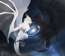 animal_genitalia balls claws dragon duo feral galaxy genitals hi_res male male/male mythological_creature mythological_scalie mythology scalie sheath space tail tres-art wings