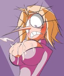 1girls big_breasts big_eyes blonde_hair breasts cleavage clothed_female ice_cream long_nose oc original original_character patty_(pepperonpatty) pepperonpatty pointy_nose purple_background solo solo_female suprised suprised_look