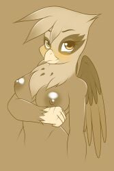 2014 2:3 absurd_res anthro anthrofied avian beak blush breasts digital_media_(artwork) feathered_wings feathers female friendship_is_magic gilda_(mlp) gryphon hasbro hi_res kloudmutt looking_at_viewer monochrome my_little_pony mythological_avian mythological_creature mythology nipples non-mammal_breasts nude sepia simple_background solo wings