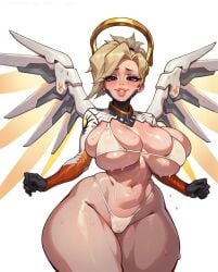 1girls ai_generated big_breasts blizzard_entertainment blue_eyes breasts cameltoe female female_only mercy navel overwatch rocksolidart solo solo_female thick_thighs