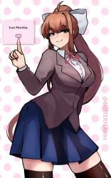 1girls big_breasts blue_skirt bow brown_hair butterflan01 collared_shirt doki_doki_literature_club green_eyes hairbow long_hair looking_at_viewer monika_(doki_doki_literature_club) not_quite_porn ponytail school_uniform seductive skirt smile smiling_at_viewer solo tagme thighhighs white_bow