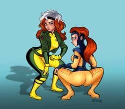 2girls animification anna_marie ass belt blue_eyes blush bodysuit boots breasts brown_hair clothing female female_only footwear gloves green_bodysuit headband jacket jean_grey jumpsuit long_hair loubertsky marvel marvel_comics multicolored_bodysuit multicolored_hair multiple_girls orange_hair ponytail red_hair rogue_(x-men) squatting tagme two-tone_hair white_hair x-men x-men:_the_animated_series x-men_97 yellow_bodysuit yuri