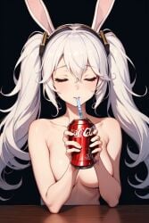 ai_generated azur_lane bunny_ears coca-cola eagle_union_(azur_lane) female girl laffey_(azur_lane) light-skinned_female light_skin naked nude nude_female sleeping twintails white_hair