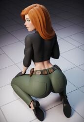 ai_generated back_view belt big_ass big_breasts big_butt black_shirt civitai gloves green_eyes green_pants kim_possible kimberly_ann_possible kneeling kneeling_on_ground large_breasts long_hair looking_at_viewer orange_hair