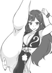 alternate_costume bracelet breasts chun-li chun-li_(battle_ouffit_sfv) cleavage female greyscale heart heart-shaped_pupils jewelry large_breasts monochrome pelvic_curtain simple_background solo spiked_bracelet spikes street_fighter symbol-shaped_pupils tawashi1623 white_background