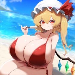 ai_generated ameanon beach big_breasts bikini breasts cleavage crystal flandre_scarlet hat huge_breasts ice_cream large_breasts looking_at_viewer red_bikini red_eyes sand sea seaside sideboob solo_female teeth_showing thick_ass thick_thighs touhou underboob