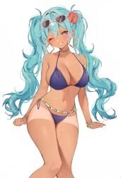 1girls 2024 bikini blue_bikini blue_eyes blue_hair blush bracelet brazil brazilian brazilian_female brazilian_miku breasts cleavage cyan_eyes cyan_hair dark-skinned_female dark_skin ear_piercing earrings female female_only flower flower_in_hair hair_flower hair_ornament hatsune_miku highres large_breasts latin_american_hatsune_miku_(meme) long_hair looking_at_viewer miyuchiq necklace one_eye_closed sitting solo solo_female sunglasses sunglasses_on_head tan_skin tanline vocaloid white_background