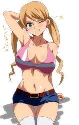 1girl :q armpits belt blonde_hair blue_shorts blush breasts character_request cleavage earrings eco_turbine green_eyes gundam gundam_iron-blooded_orphans heart huge_breasts japanese_text jewelry jpg jpg_file navel one_eye_closed pink_lips pink_tank_top png_version_available short_shorts shorts smile tank_top thighhighs tongue tongue_out translation_request twintails white_trim wink