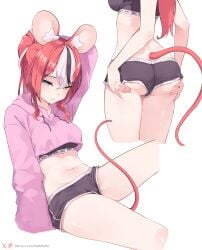 animal_ear_fluff animal_ears ass big_ass blue_eyes cropped_hoodie hakos_baelz hololive hololive_english hololive_english_-council- hololive_english_-promise- hoodie lifting_ass lifting_butt medium_breasts namiorii ponytail rat_ears rat_girl rat_tail red_hair sports_bra sweat tagme thick_thighs touching_ass tummy virtual_youtuber workout_clothes