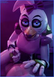 1boy 1girls 3d accurate_art_style animatronic anthro beak blue_eyes cum cum_in_hand cum_on_hand cumshot five_nights_at_freddy's five_nights_at_freddy's:_security_breach glamrock_chica_(ashleyorange) glamrock_chica_(fnaf) handjob looking_at_viewer masturbation mrcourage616 on_model penis purple_lipstick straight