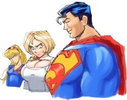 1boy 2girls absurd_res auroch_nsfw big_breasts breast_envy breasts cape cleavage_cutout clothing_cutout dc dc_comics girl_staring_at_guy's_chest hairband high_res huge_breasts large_breasts long_hair meme multiple_girls power_girl ratf short_hair small_breasts supergirl superman superman_(series)