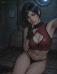 , ada_wong ai_assisted armpits bench black_gloves black_hair black_panties breasts cleavage cleavage_cutout clothing_cutout crop_top female finger_to_mouth fingerless_gloves gloves large_breasts lips looking_at_viewer mole navel panties phone resident_evil resident_evil_2 selfie shiny shiny_skin short_hair shushing sitting smile solo thighs underwear waifudiffuser